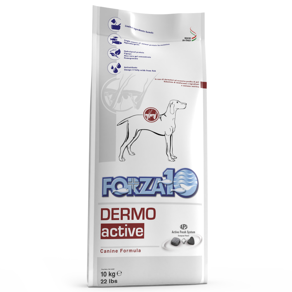 FORZA 10 Dermo Active ir pilnvērtīga sabalansēta diēta pieaugušiem visu šķirņu suņiem ar apmatojuma problēmām un ādas saslimšanām.
