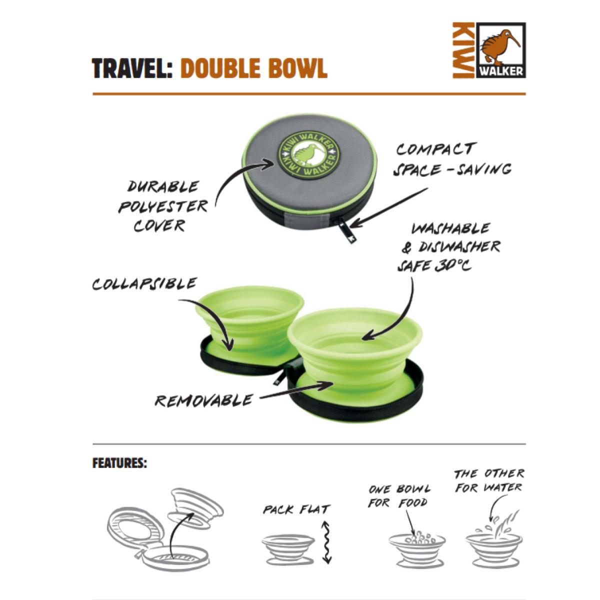 Ar Kiwi Walker bļodām jūsu ceļojums ar mājdzīvnieku būs viegls un patīkams. Travel Double Bowl ir nevis viena, bet divas lieliskas bļodiņas - 350 ml katra, kas ir kompakti salocītas nelielā iepakojumā, kas vienmēr var būt pa rokai! 