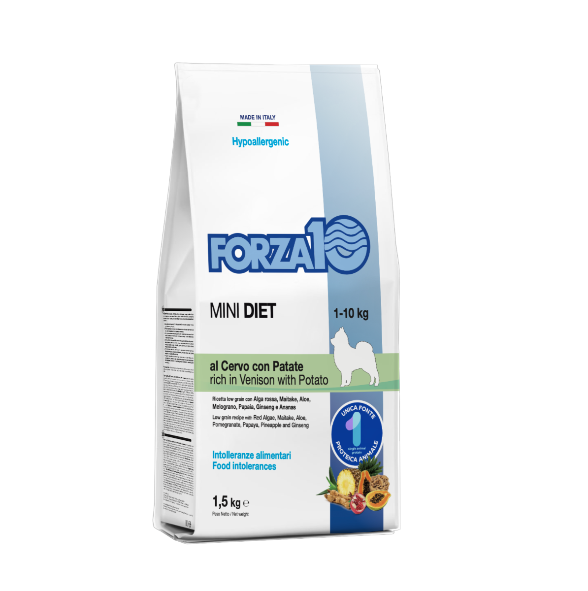 FORZA10  MINI DIET ir pilnvērtīga sabalansēta barība no brieža gaļas un kartupeļiem - hipoalerģiska barība mazo šķirņu suņiem ar barības (barības sastāvdaļu) nepanesību.