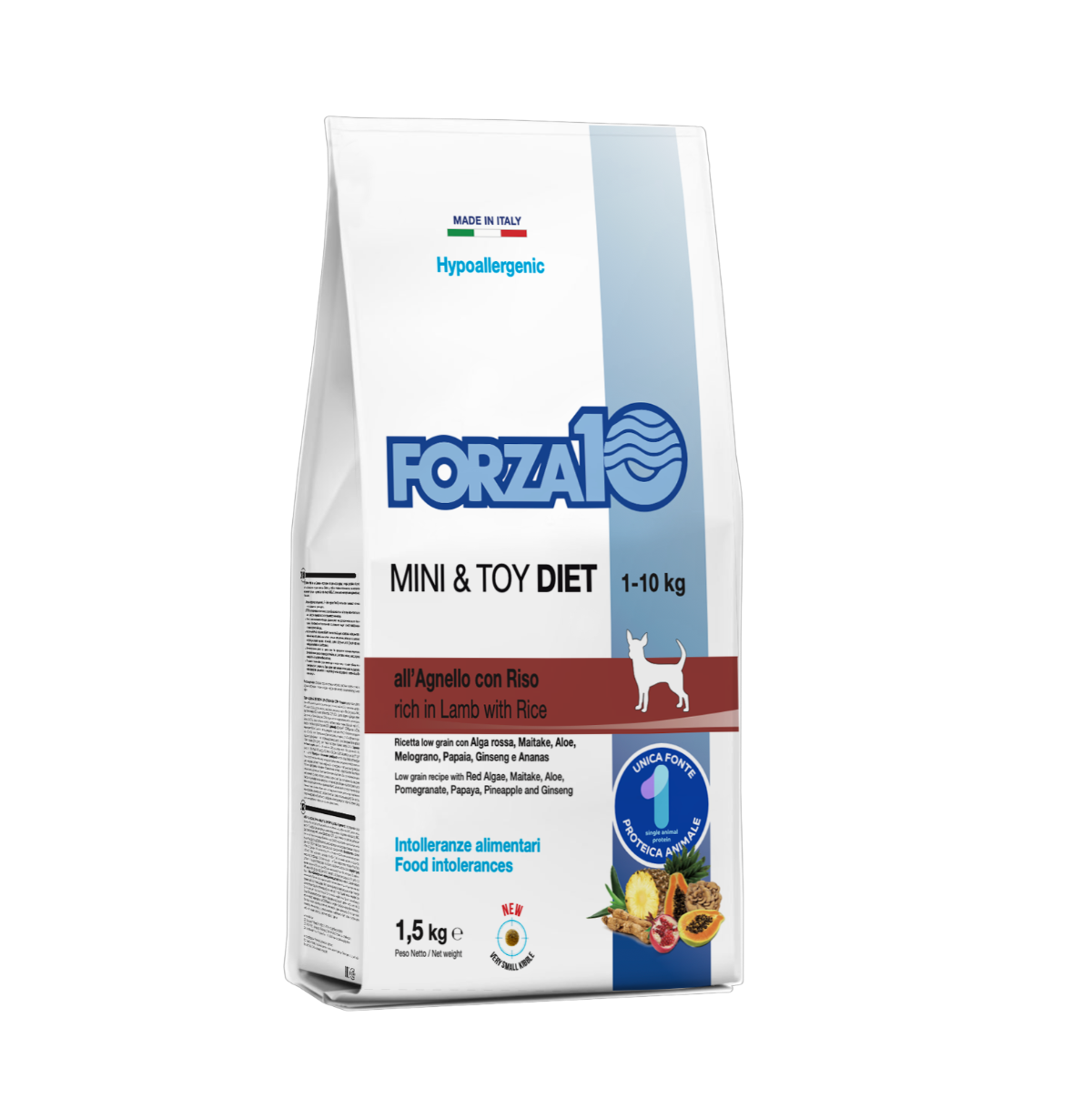 FORZA10  Mini & Toy DIET ir pilnvērtīga, sabalansēta barība ar jēru -  hipoalerģiska sausā barība pašu mazāko šķirņu suņiem ar barības (barības sastāvdaļu) nepanesību.