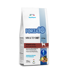 FORZA10  Mini & Toy DIET ir pilnvērtīga, sabalansēta barība ar jēru -  hipoalerģiska sausā barība pašu mazāko šķirņu suņiem ar barības (barības sastāvdaļu) nepanesību.