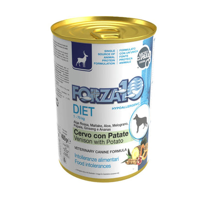 Forza10 DIET - diētisks konservs suņiem ar brieža gaļu un kartupeļiem.  Hipoalerģisks uzturs alerģiskiem dzīvniekiem vai dzīvniekiem ar uzturvielu nepanesību. 