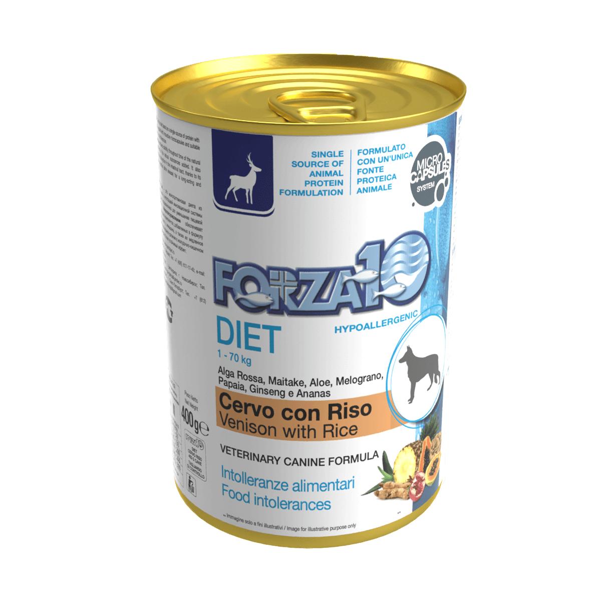 Forza10 DIET - Diētisks konservs suņiem ar brieža gaļu un rīsiem.  hipoalerģisks uzturs alerģiskiem dzīvniekiem vai dzīvniekiem ar uzturvielu nepanesību. 