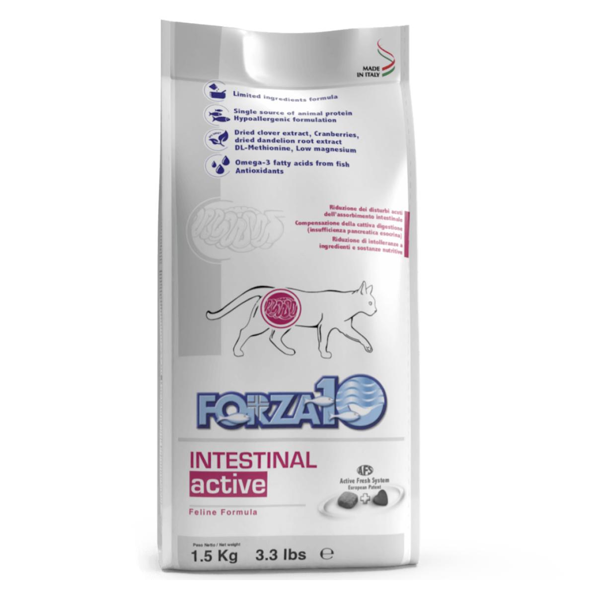 FORZA10 Intestinal Active ir pilnvērtīga, sabalansēta diētiska barība pieaugušiem kaķiem ar kuņģa zarnu trakta traucējumiem.