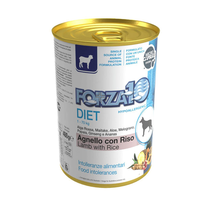 Forza10 DIET - Diētisks konservs suņiem ar jēra gaļu un rīsiem. Hipoalerģisks uzturs alerģiskiem dzīvniekiem vai dzīvniekiem ar uzturvielu nepanesību. 