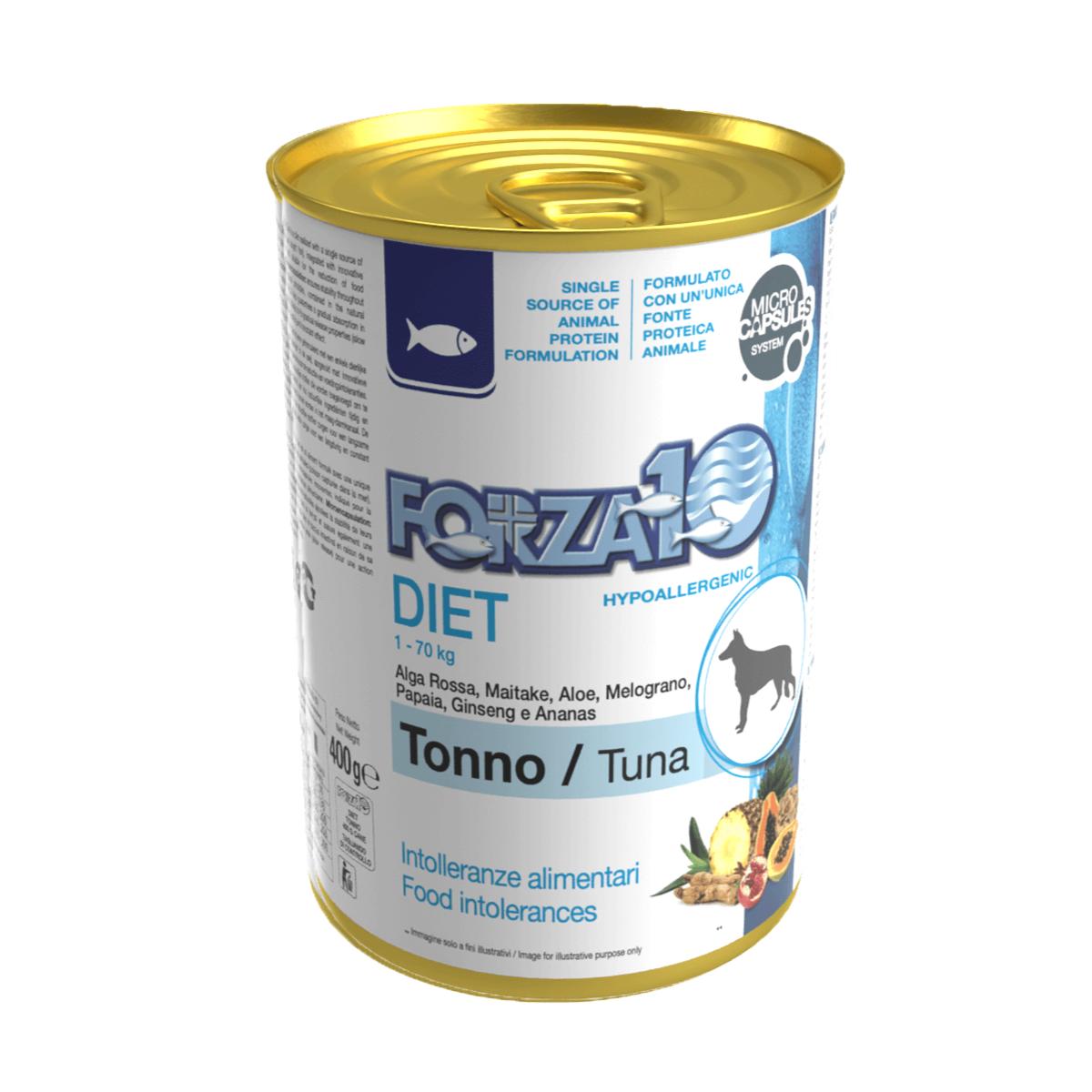 Forza10 DIET - diētisks konservs suņiem ar tunci un kartupeļiem  hipoalerģisks uzturs alerģiskiem dzīvniekiem vai dzīvniekiem ar uzturvielu nepanesību. 