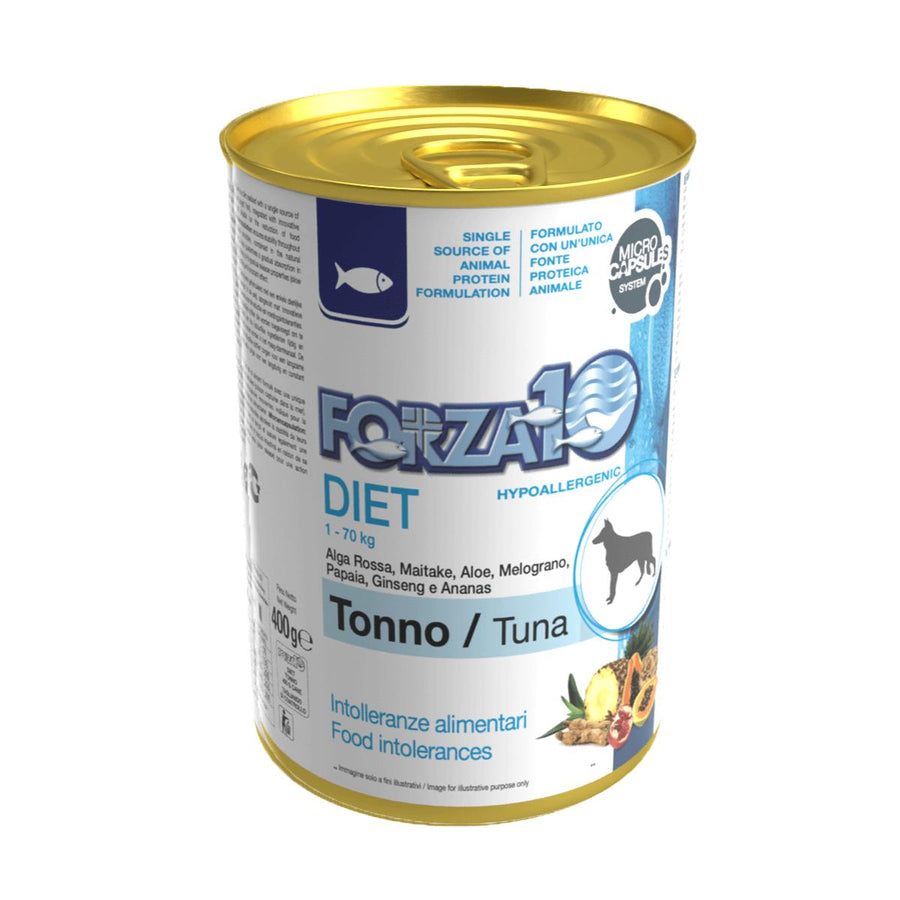 Forza10 DIET - diētisks konservs suņiem ar tunci un kartupeļiem  hipoalerģisks uzturs alerģiskiem dzīvniekiem vai dzīvniekiem ar uzturvielu nepanesību. 
