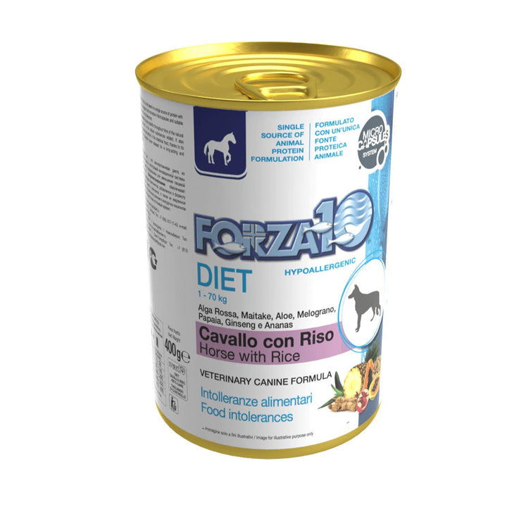 Forza10 DIET - Diētisks konservs suņiem ar zirga gaļu un rīsiem. Hipoalerģisks uzturs alerģiskiem dzīvniekiem vai dzīvniekiem ar uzturvielu nepanesību. 